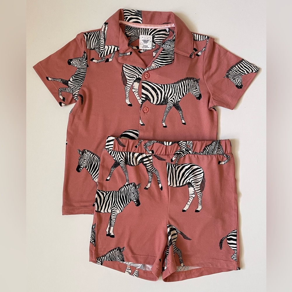 Chelsea Peers Girls Zebra Button Up Shirt and Shorts Pajamas Set, Pink - 5-6Y